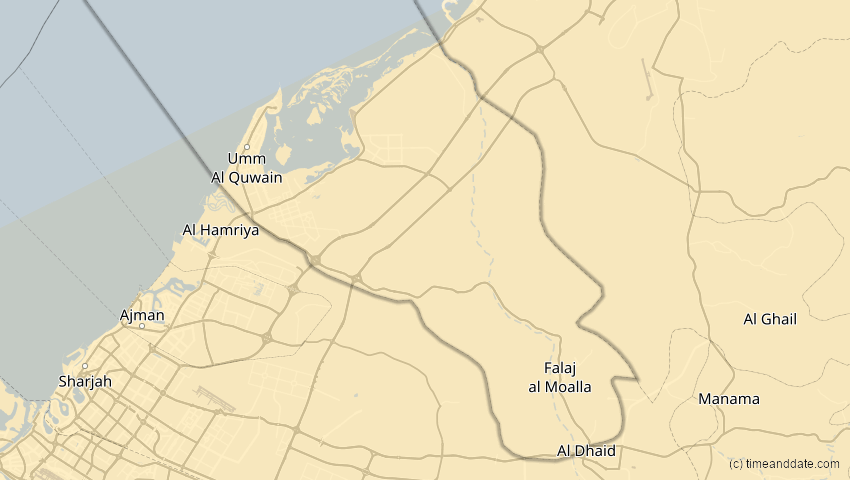 A map of Umm al-Qaiwain, Vereinigte Arabische Emirate, showing the path of the 22. Jun 2085 Ringförmige Sonnenfinsternis