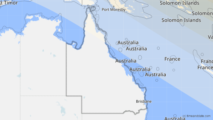 A map of Queensland, Australien, showing the path of the 22. Jun 2085 Ringförmige Sonnenfinsternis