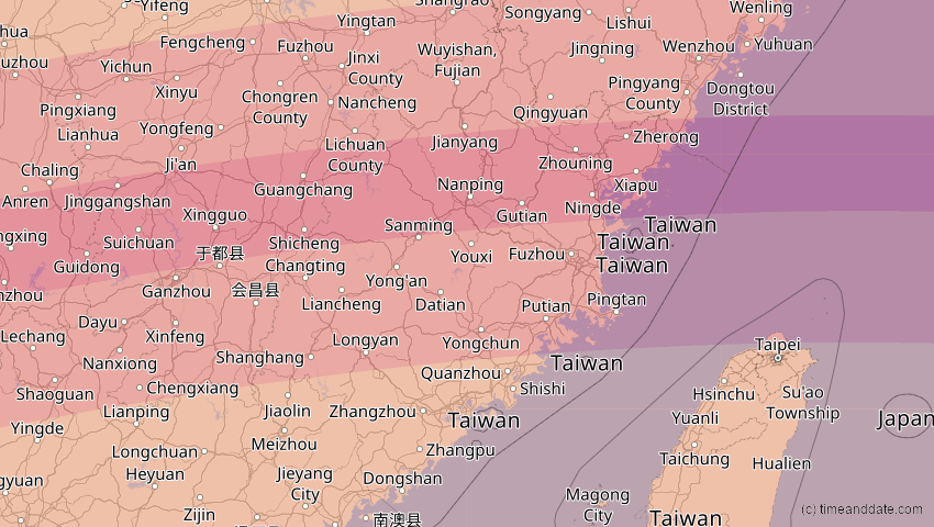 A map of Fujian, China, showing the path of the 22. Jun 2085 Ringförmige Sonnenfinsternis