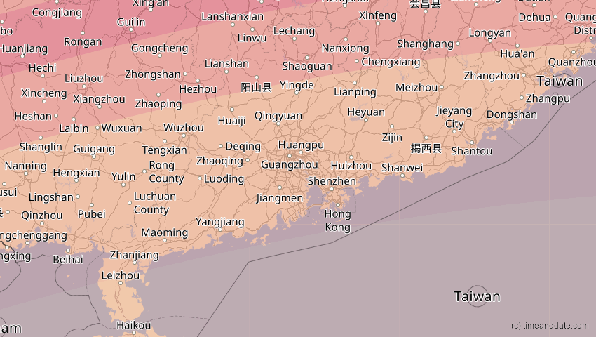 A map of Guangdong, China, showing the path of the 22. Jun 2085 Ringförmige Sonnenfinsternis