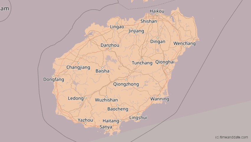 A map of Hainan, China, showing the path of the 22. Jun 2085 Ringförmige Sonnenfinsternis