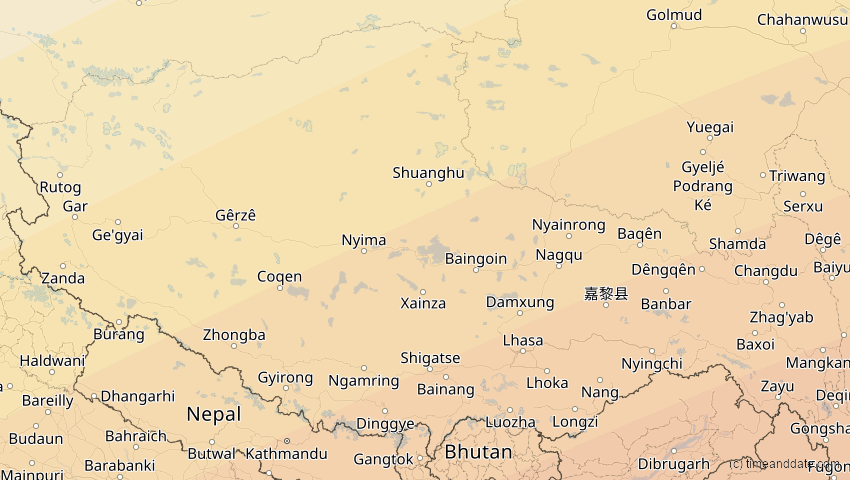 A map of Tibet, China, showing the path of the 22. Jun 2085 Ringförmige Sonnenfinsternis