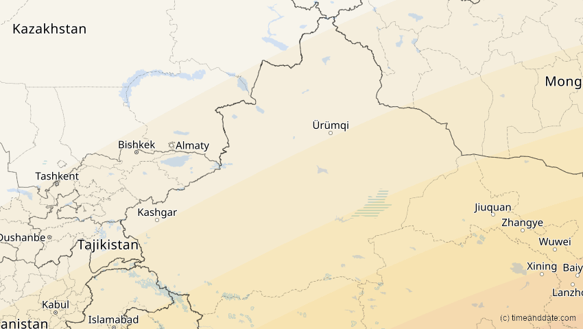 A map of Xinjiang, China, showing the path of the 22. Jun 2085 Ringförmige Sonnenfinsternis