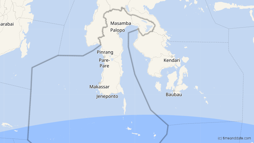 A map of Sulawesi Selatan, Indonesien, showing the path of the 22. Jun 2085 Ringförmige Sonnenfinsternis