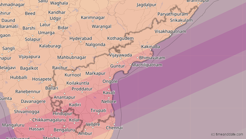 A map of Andhra Pradesh, Indien, showing the path of the 22. Jun 2085 Ringförmige Sonnenfinsternis
