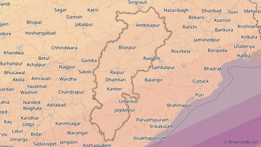 A map of Chhattisgarh, Indien, showing the path of the 22. Jun 2085 Ringförmige Sonnenfinsternis
