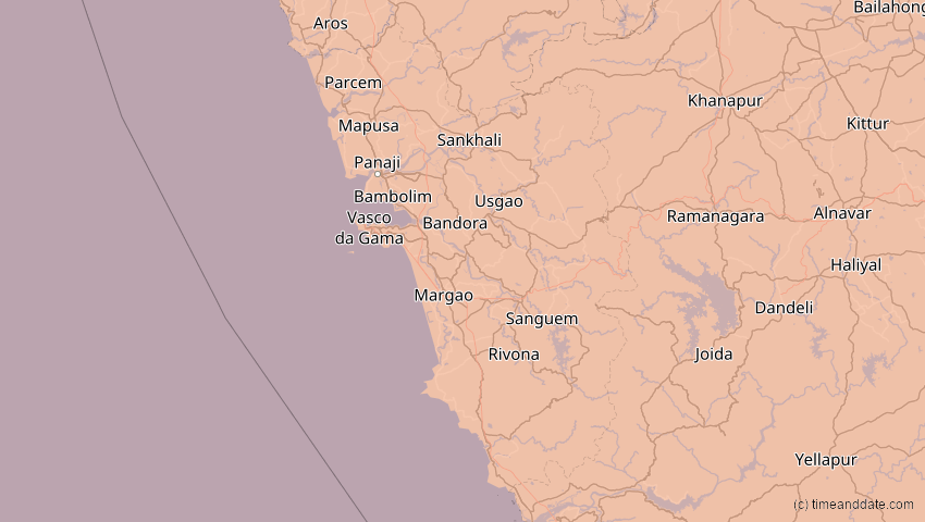 A map of Goa, Indien, showing the path of the 22. Jun 2085 Ringförmige Sonnenfinsternis