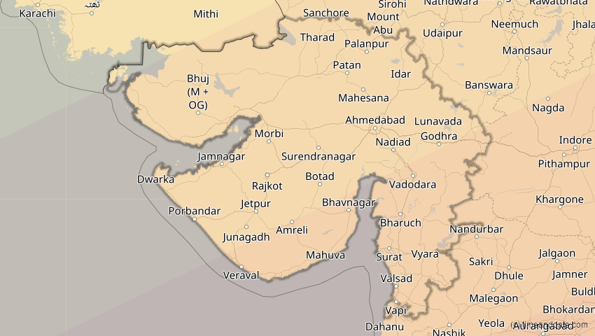 A map of Gujarat, Indien, showing the path of the 22. Jun 2085 Ringförmige Sonnenfinsternis