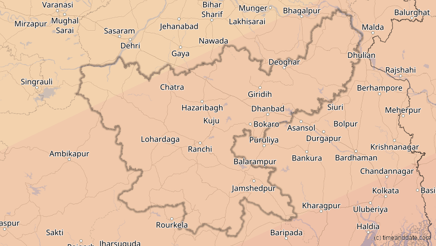 A map of Jharkhand, Indien, showing the path of the 22. Jun 2085 Ringförmige Sonnenfinsternis