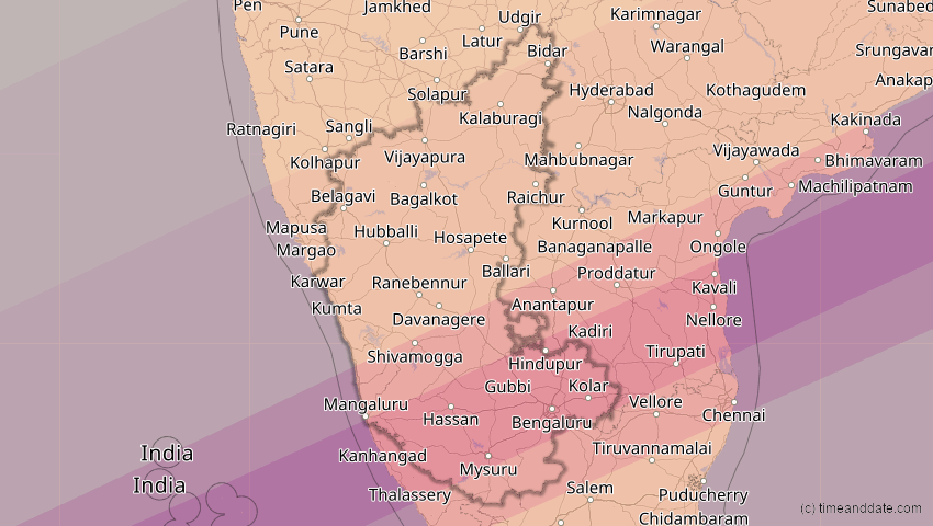 A map of Karnataka, Indien, showing the path of the 22. Jun 2085 Ringförmige Sonnenfinsternis