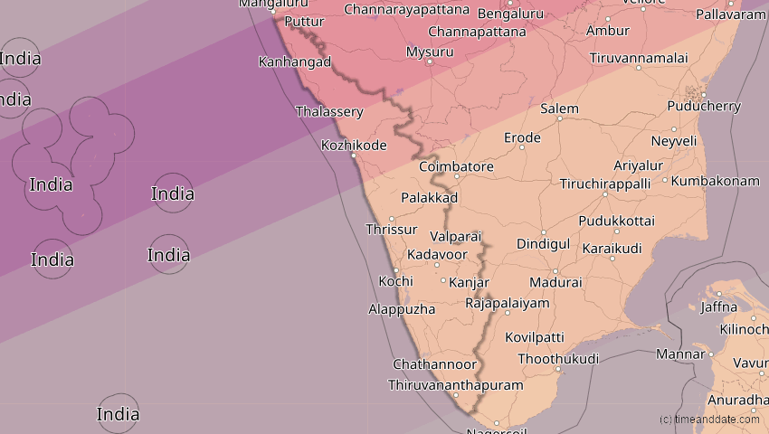 A map of Kerala, Indien, showing the path of the 22. Jun 2085 Ringförmige Sonnenfinsternis