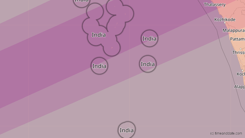 A map of Lakshadweep, Indien, showing the path of the 22. Jun 2085 Ringförmige Sonnenfinsternis