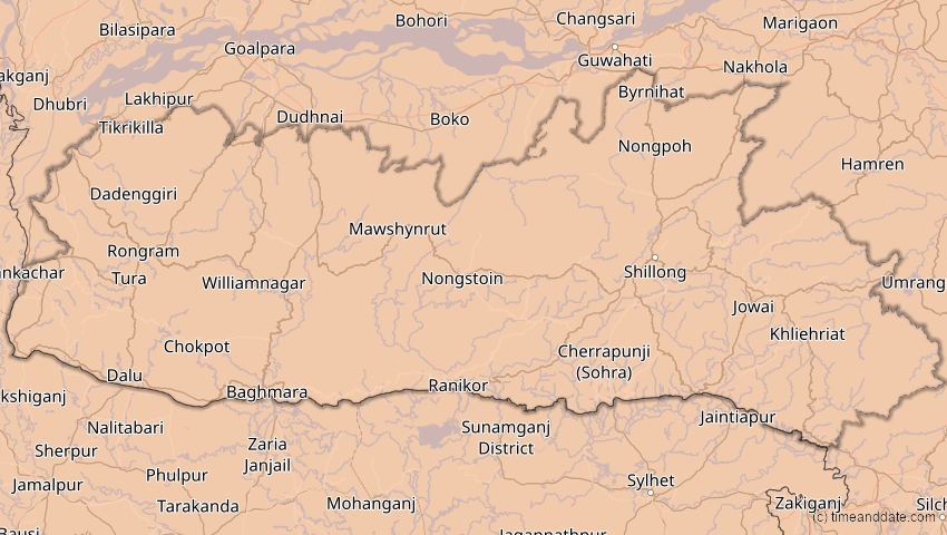 A map of Meghalaya, Indien, showing the path of the 22. Jun 2085 Ringförmige Sonnenfinsternis