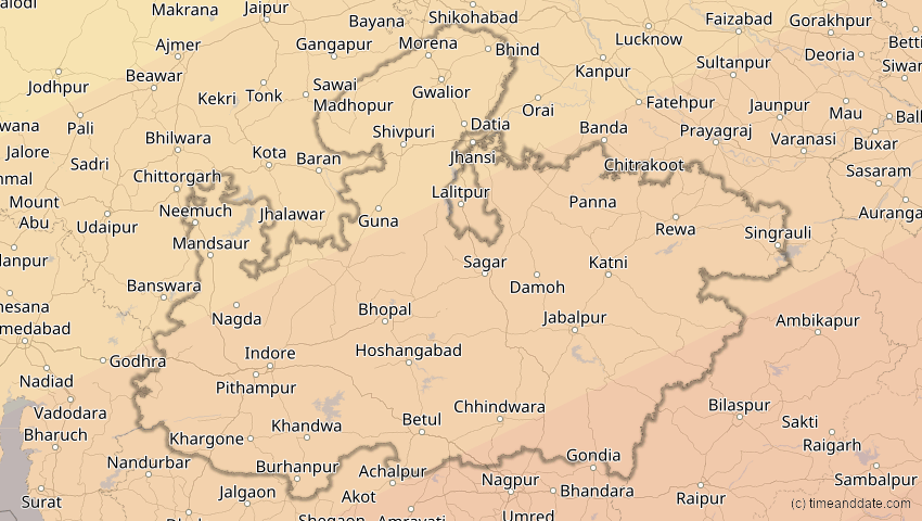A map of Madhya Pradesh, Indien, showing the path of the 22. Jun 2085 Ringförmige Sonnenfinsternis