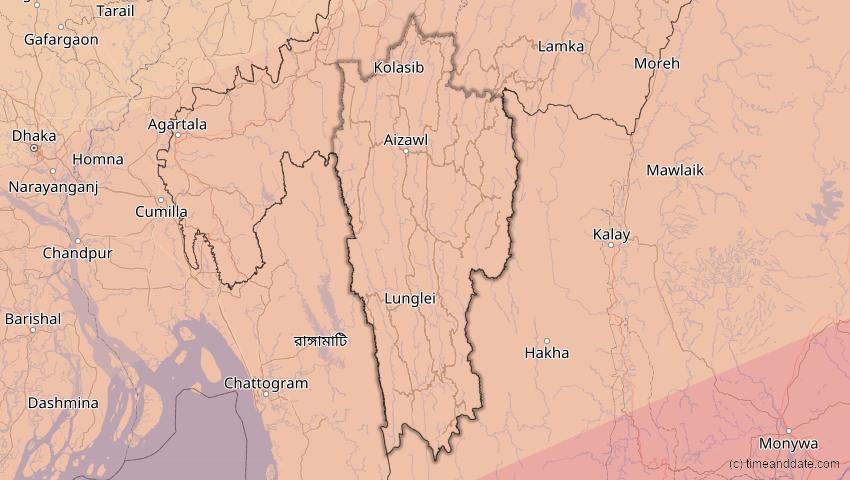 A map of Mizoram, Indien, showing the path of the 22. Jun 2085 Ringförmige Sonnenfinsternis