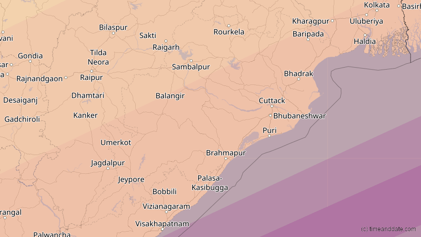 A map of Odisha, Indien, showing the path of the 22. Jun 2085 Ringförmige Sonnenfinsternis