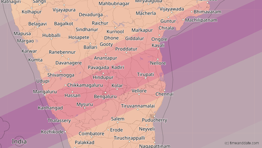 A map of Pondicherry, Indien, showing the path of the 22. Jun 2085 Ringförmige Sonnenfinsternis