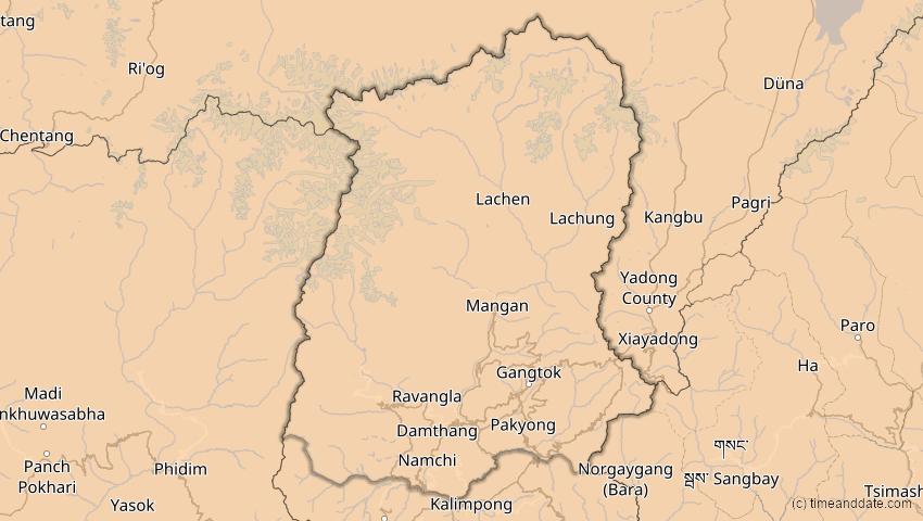 A map of Sikkim, Indien, showing the path of the 22. Jun 2085 Ringförmige Sonnenfinsternis