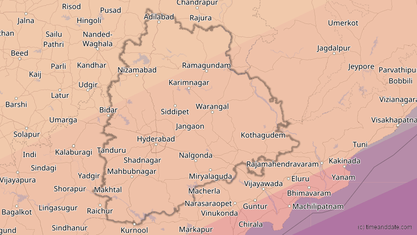 A map of Telangana, Indien, showing the path of the 22. Jun 2085 Ringförmige Sonnenfinsternis