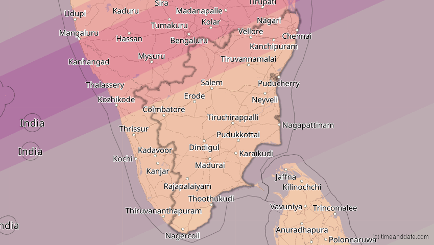 A map of Tamil Nadu, Indien, showing the path of the 22. Jun 2085 Ringförmige Sonnenfinsternis