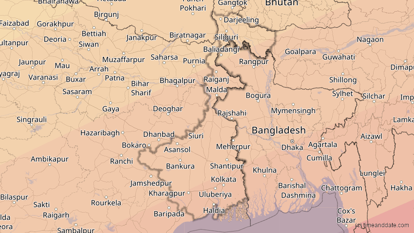 A map of Westbengalen, Indien, showing the path of the 22. Jun 2085 Ringförmige Sonnenfinsternis
