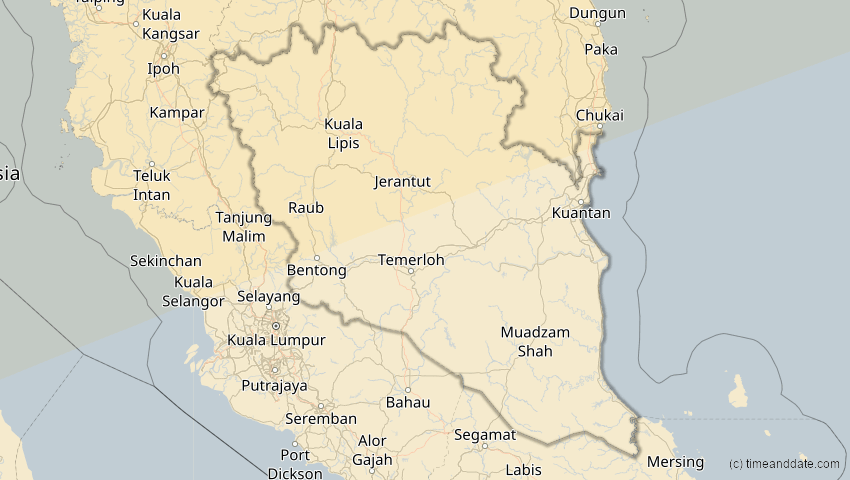 A map of Pahang, Malaysia, showing the path of the 22. Jun 2085 Ringförmige Sonnenfinsternis