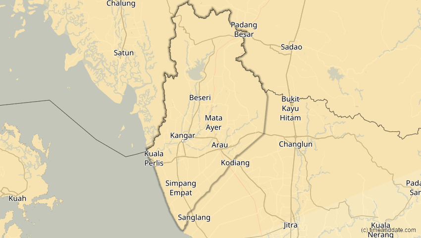 A map of Perlis, Malaysia, showing the path of the 22. Jun 2085 Ringförmige Sonnenfinsternis