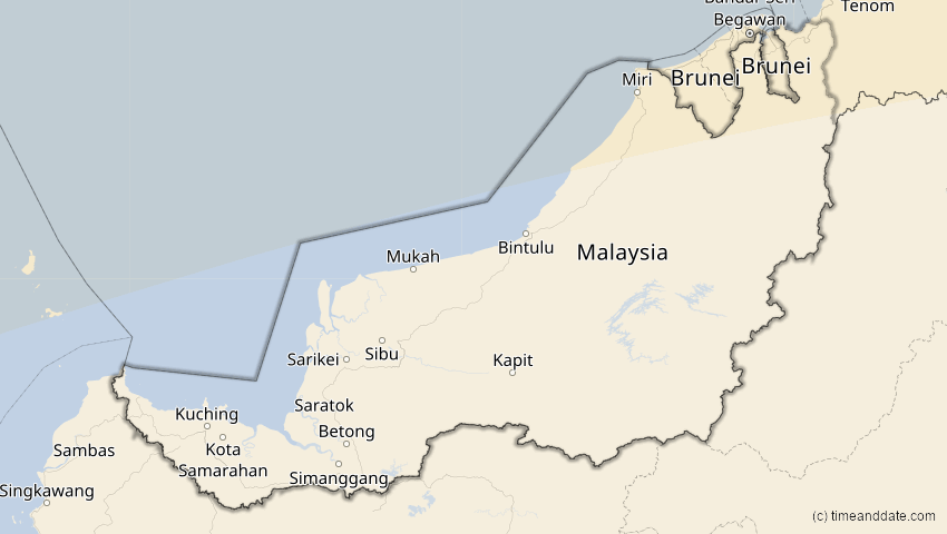 A map of Sarawak, Malaysia, showing the path of the 22. Jun 2085 Ringförmige Sonnenfinsternis