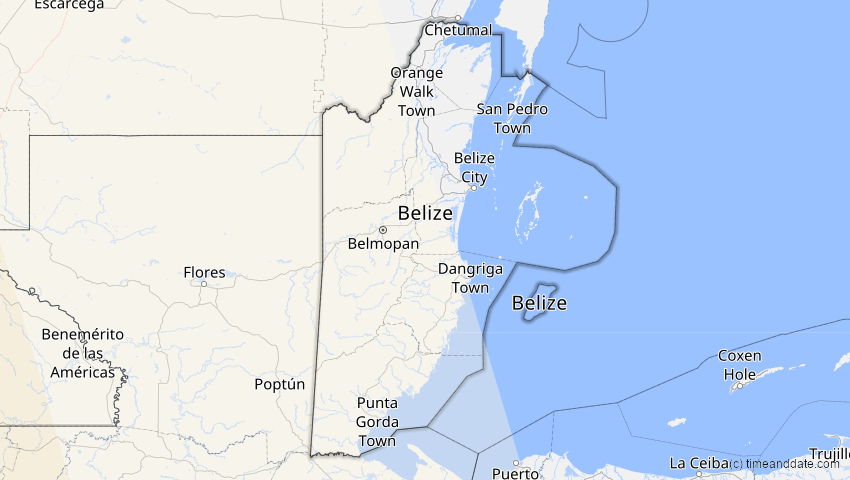 A map of Belize, showing the path of the 16. Dez 2085 Ringförmige Sonnenfinsternis