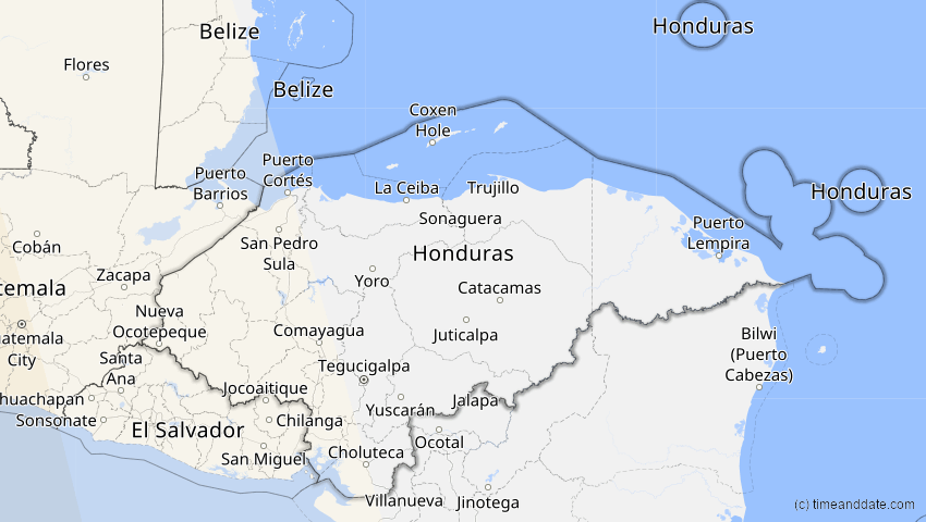 A map of Honduras, showing the path of the 16. Dez 2085 Ringförmige Sonnenfinsternis