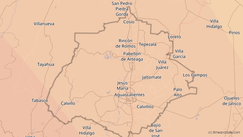 A map of Aguascalientes, Mexiko, showing the path of the 16. Dez 2085 Ringförmige Sonnenfinsternis