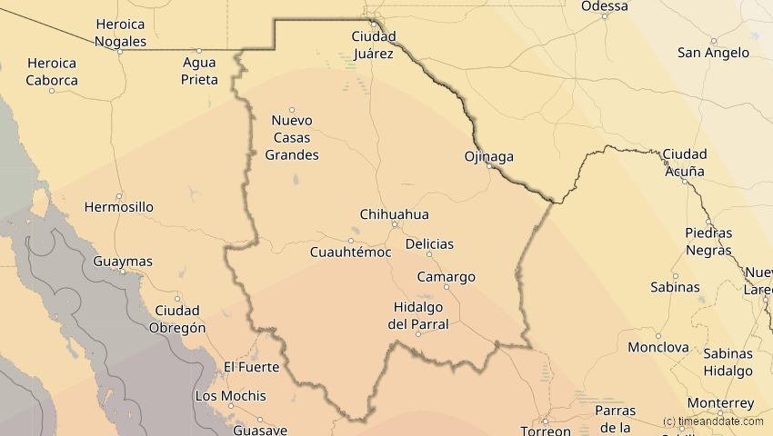 A map of Chihuahua, Mexiko, showing the path of the 16. Dez 2085 Ringförmige Sonnenfinsternis