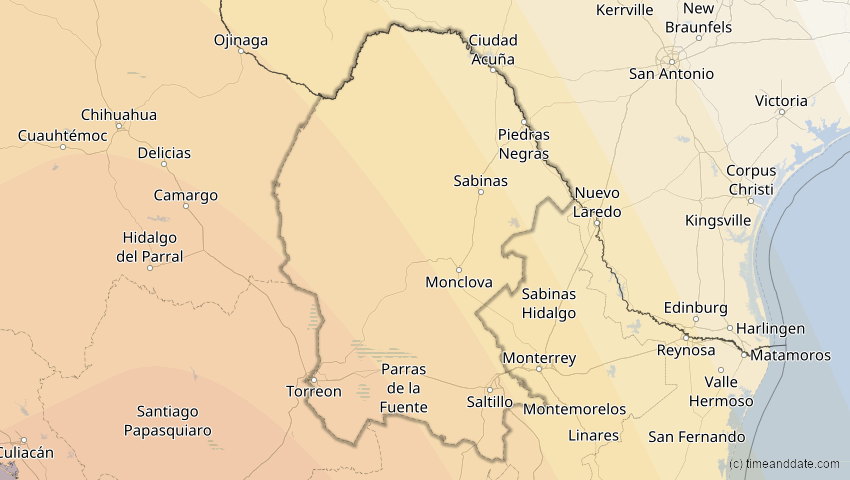 A map of Coahuila, Mexiko, showing the path of the 16. Dez 2085 Ringförmige Sonnenfinsternis