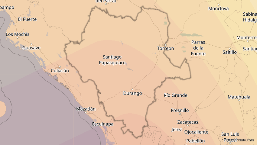 A map of Durango, Mexiko, showing the path of the 16. Dez 2085 Ringförmige Sonnenfinsternis