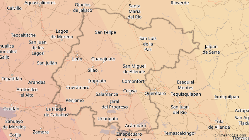 A map of Guanajuato, Mexiko, showing the path of the 16. Dez 2085 Ringförmige Sonnenfinsternis