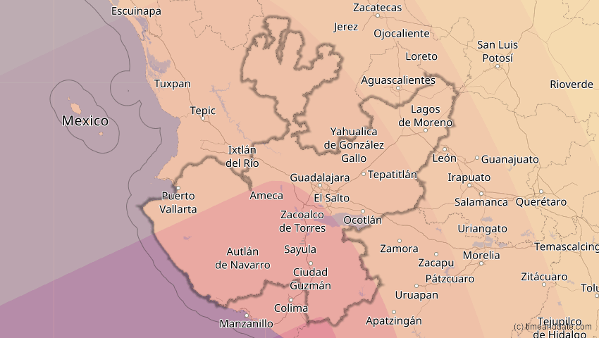 A map of Jalisco, Mexiko, showing the path of the 16. Dez 2085 Ringförmige Sonnenfinsternis