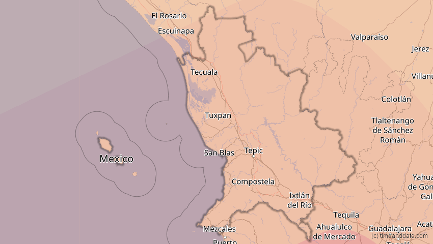 A map of Nayarit, Mexiko, showing the path of the 16. Dez 2085 Ringförmige Sonnenfinsternis