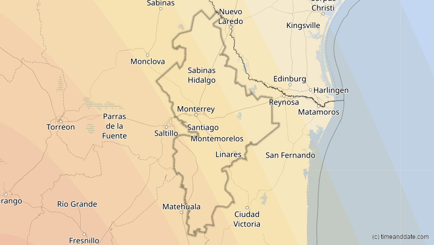 A map of Nuevo León, Mexiko, showing the path of the 16. Dez 2085 Ringförmige Sonnenfinsternis