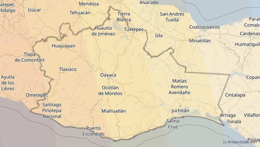 A map of Oaxaca, Mexiko, showing the path of the 16. Dez 2085 Ringförmige Sonnenfinsternis