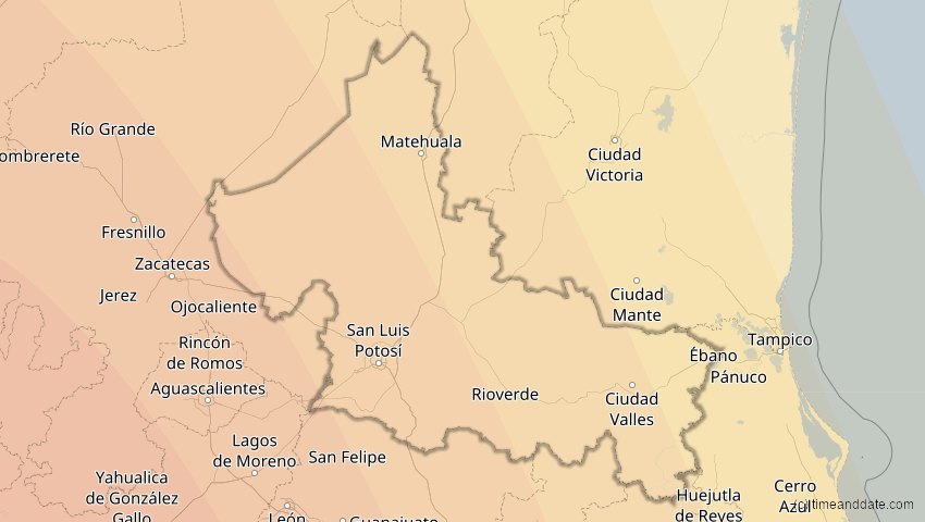 A map of San Luis Potosí, Mexiko, showing the path of the 16. Dez 2085 Ringförmige Sonnenfinsternis