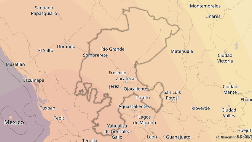 A map of Zacatecas, Mexiko, showing the path of the 16. Dez 2085 Ringförmige Sonnenfinsternis