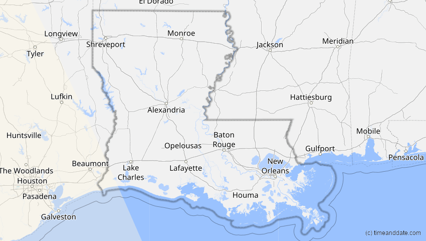A map of Louisiana, USA, showing the path of the 16. Dez 2085 Ringförmige Sonnenfinsternis