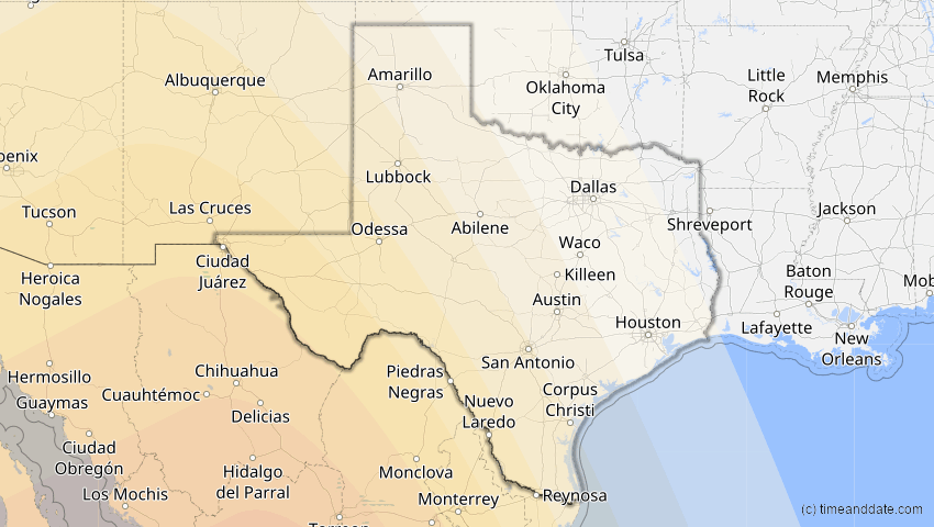 A map of Texas, USA, showing the path of the 16. Dez 2085 Ringförmige Sonnenfinsternis