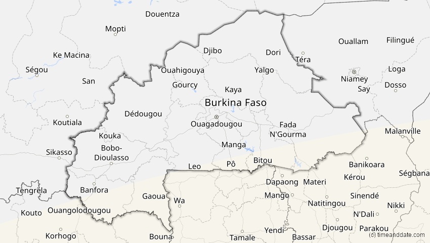 A map of Burkina Faso, showing the path of the 11. Jun 2086 Totale Sonnenfinsternis