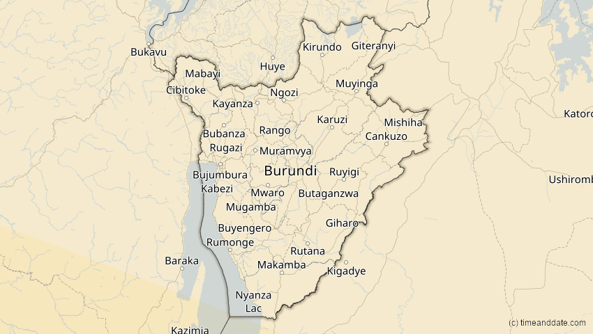 A map of Burundi, showing the path of the 11. Jun 2086 Totale Sonnenfinsternis