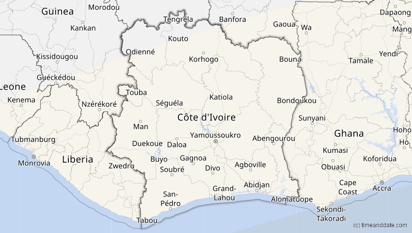 A map of Elfenbeinküste (Côte d'Ivoire), showing the path of the 11. Jun 2086 Totale Sonnenfinsternis