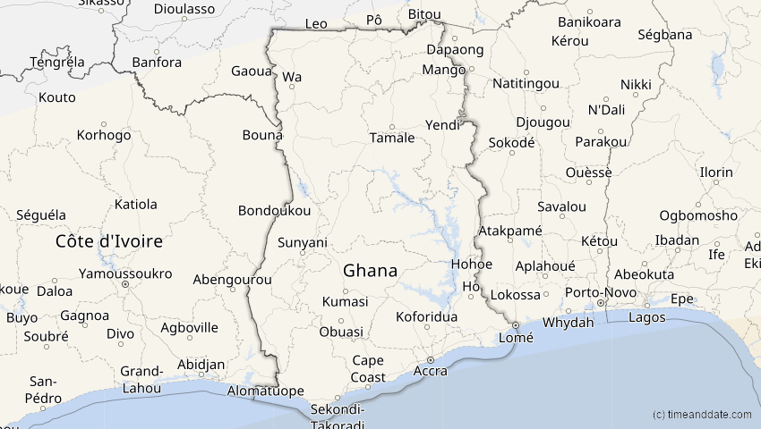 A map of Ghana, showing the path of the 11. Jun 2086 Totale Sonnenfinsternis