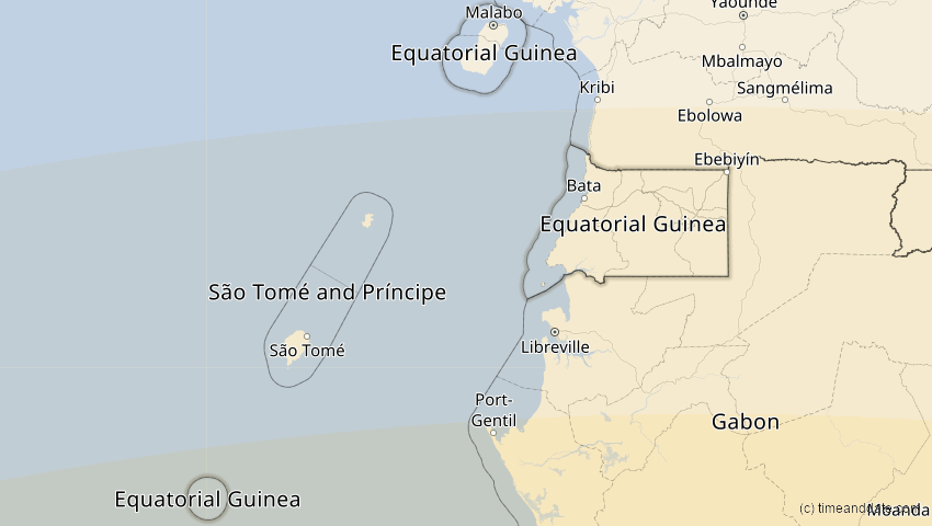 A map of Äquatorialguinea, showing the path of the 11. Jun 2086 Totale Sonnenfinsternis