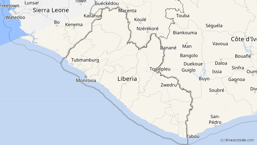 A map of Liberia, showing the path of the 11. Jun 2086 Totale Sonnenfinsternis