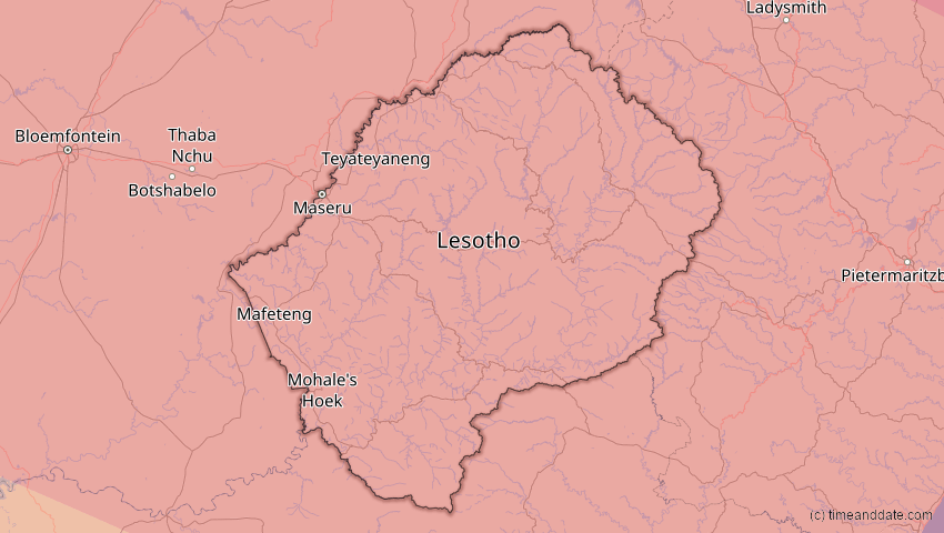 A map of Lesotho, showing the path of the 11. Jun 2086 Totale Sonnenfinsternis